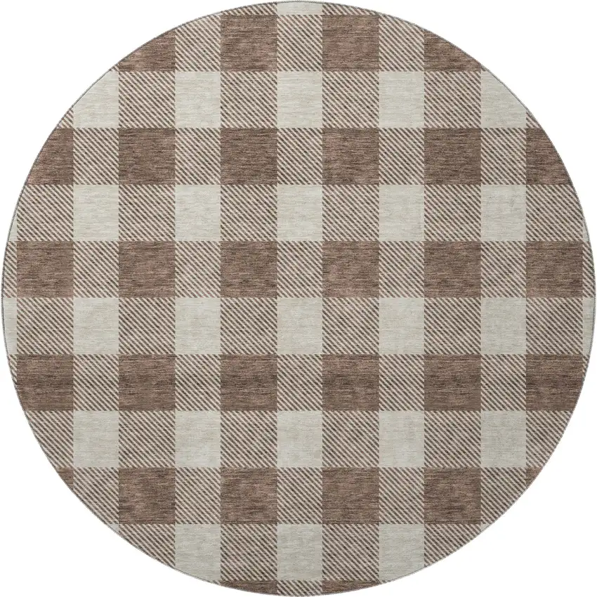 8' Brown And Beige Plaid Washable Round Rug With UV Protection Photo 3