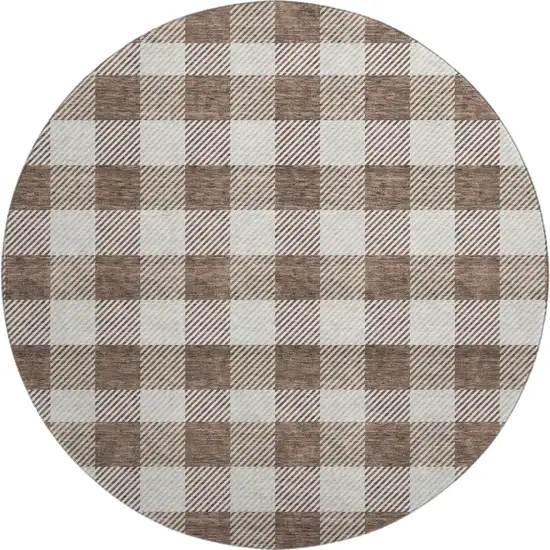 8' Brown And Beige Plaid Washable Round Rug With UV Protection Photo 1