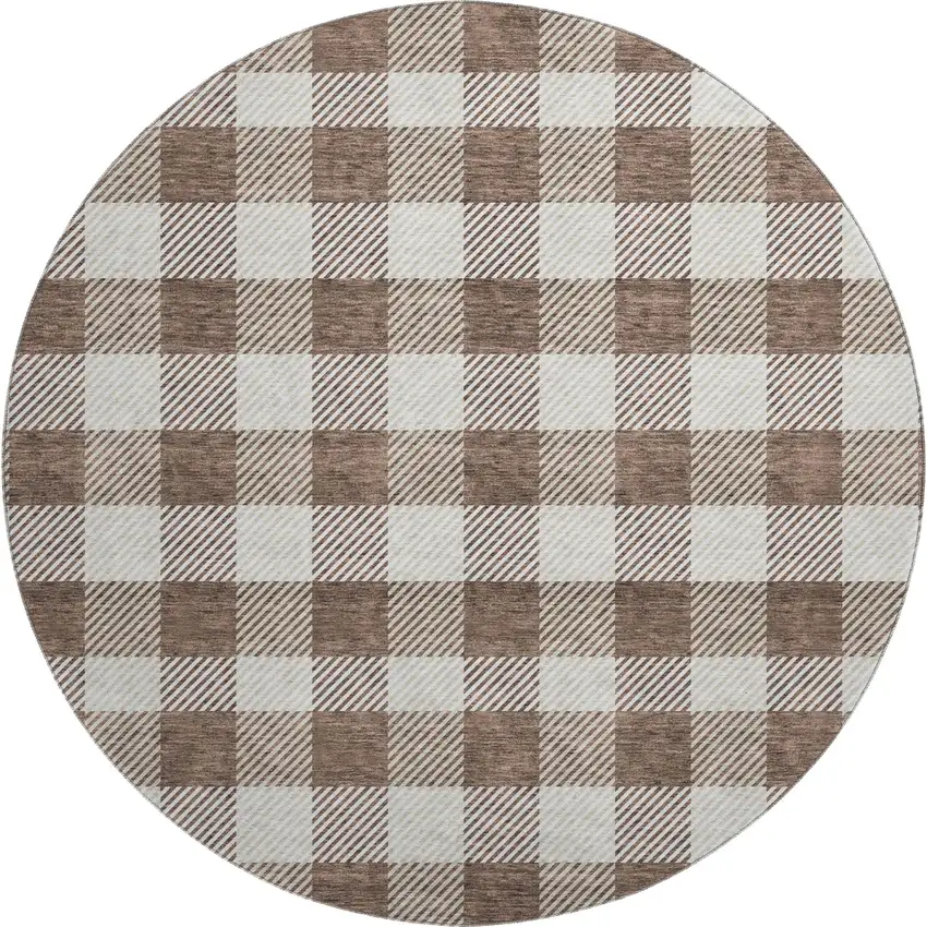 8' Brown And Beige Plaid Washable Round Rug With UV Protection Photo 1