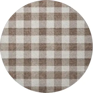 Photo of 8' Brown And Beige Plaid Washable Round Rug With UV Protection