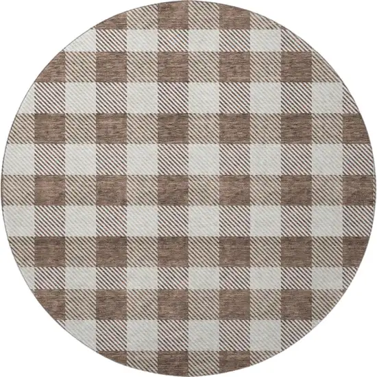8' Brown And Beige Plaid Washable Round Rug With UV Protection Photo 3