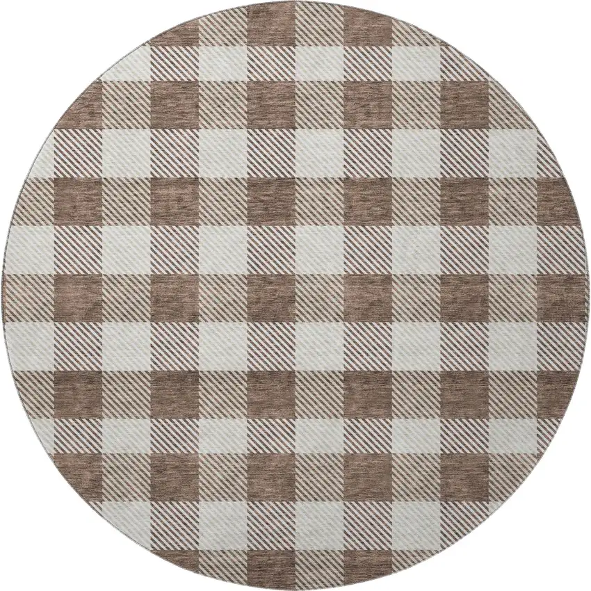 8' Brown And Beige Plaid Washable Round Rug With UV Protection Photo 3