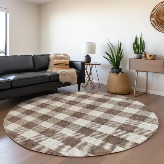 8' Brown And Beige Plaid Washable Round Rug With UV Protection Photo 4