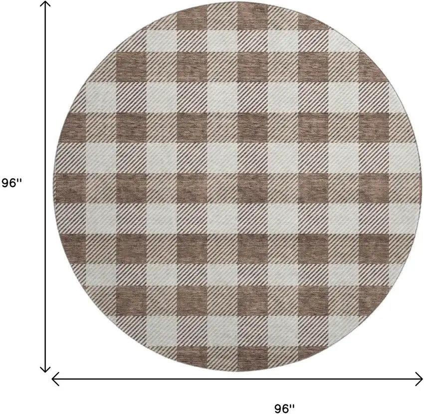 8' Brown And Beige Plaid Washable Round Rug With UV Protection Photo 9