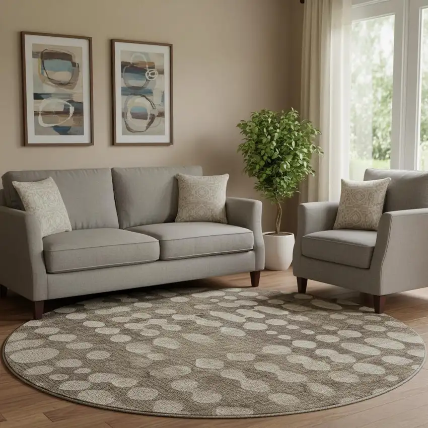 8' Brown And Beige Polka Dot Washable Round Rug With UV Protection Photo 1