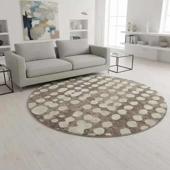 8' Brown And Beige Polka Dot Washable Round Rug With UV Protection Photo 2