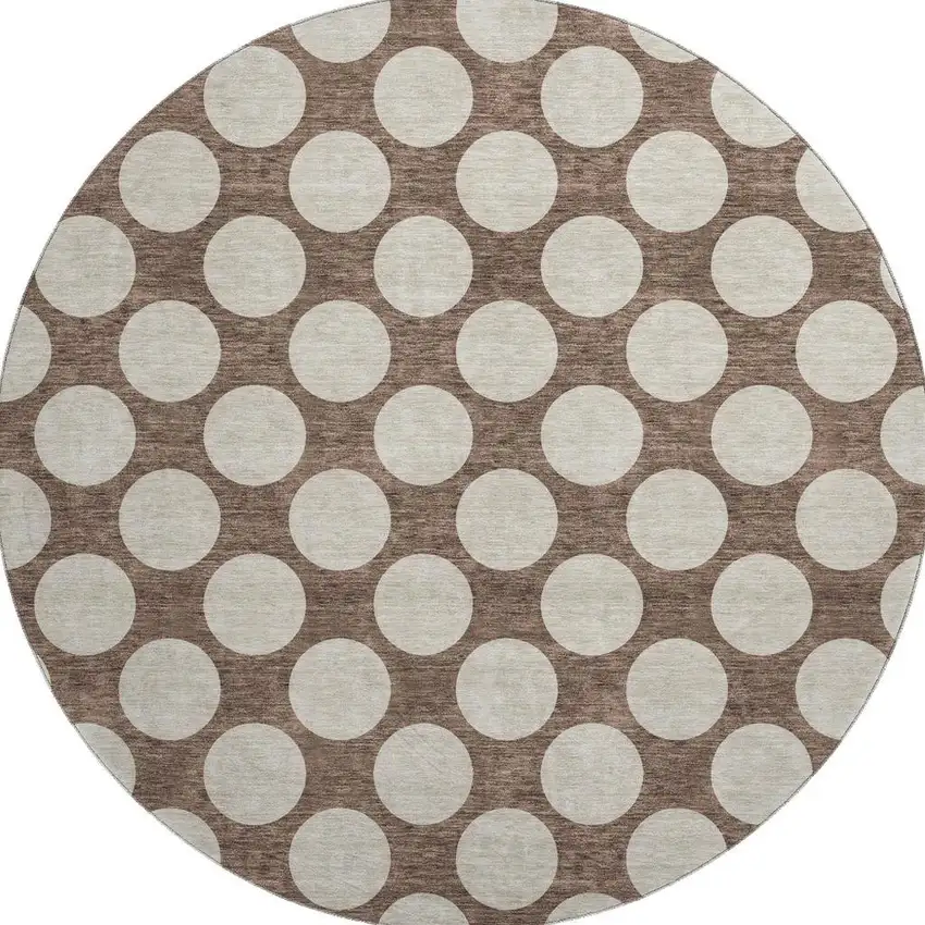 8' Brown And Beige Polka Dot Washable Round Rug With UV Protection Photo 4