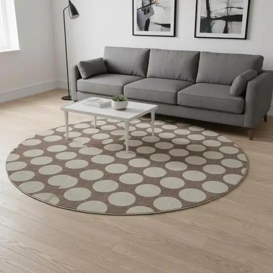 8' Brown And Beige Polka Dot Washable Round Rug With UV Protection Photo 2