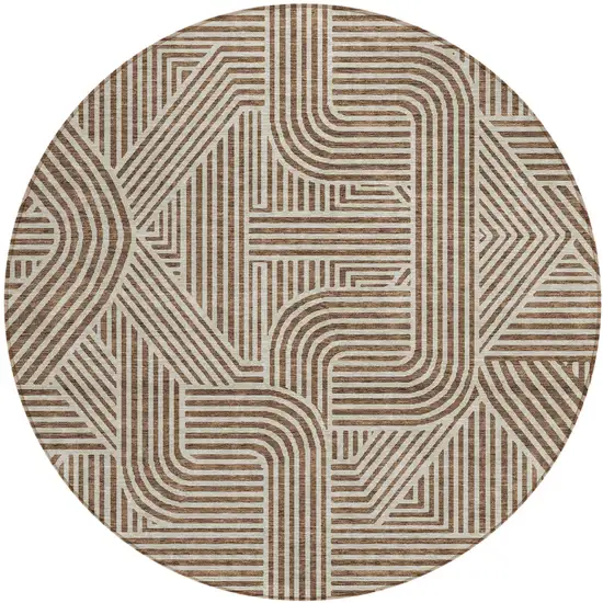 8' Brown And Beige Round Abstract Washable Indoor Outdoor Area Rug Photo 2