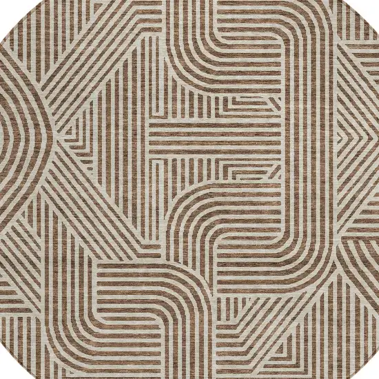 8' Brown And Beige Round Abstract Washable Indoor Outdoor Area Rug Photo 4