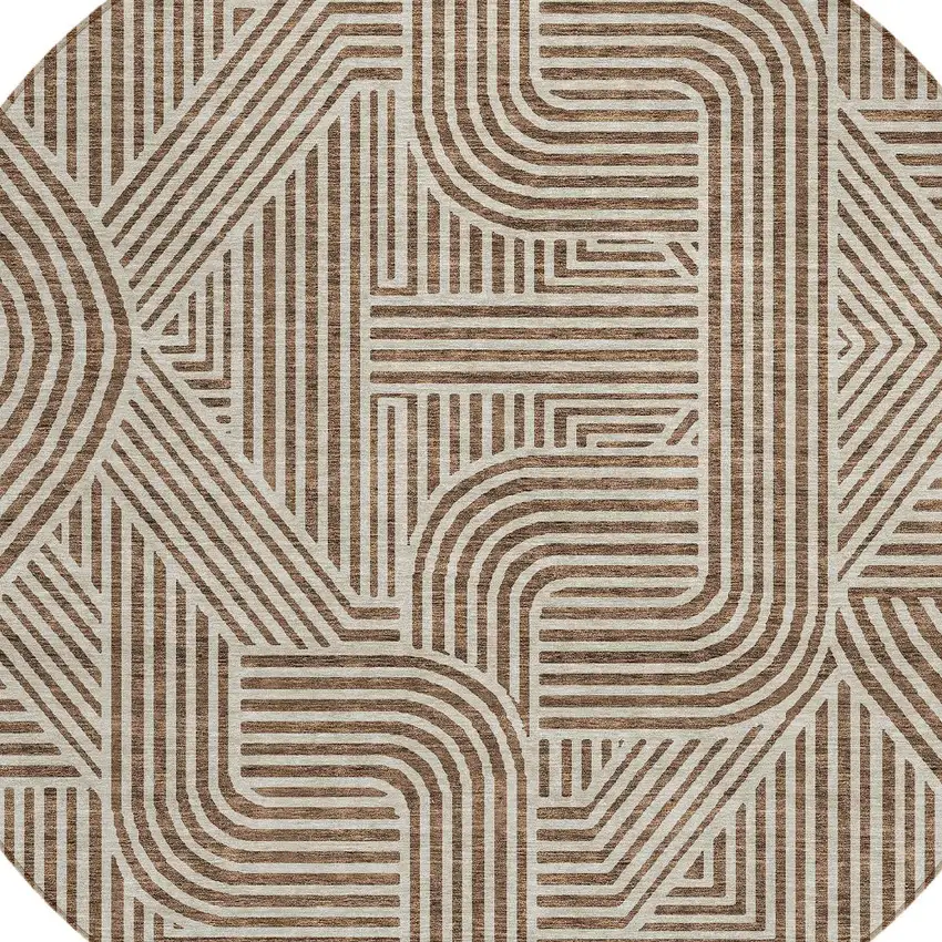 8' Brown And Beige Round Abstract Washable Indoor Outdoor Area Rug Photo 4