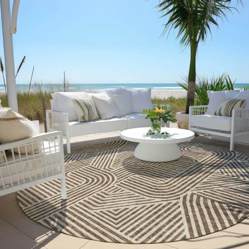 8' Brown And Beige Round Abstract Washable Indoor Outdoor Area Rug Photo 6
