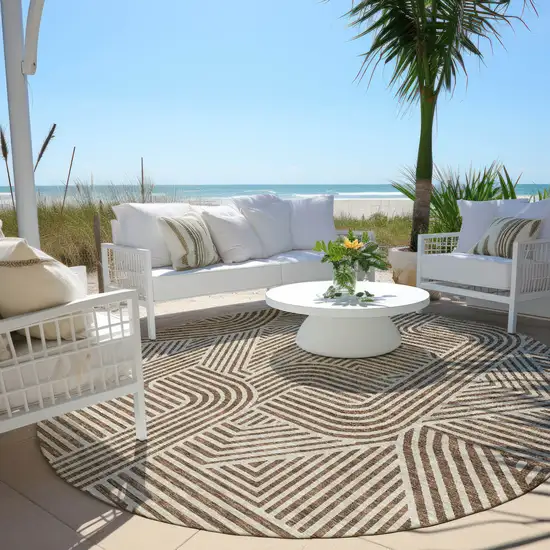 8' Brown And Beige Round Abstract Washable Indoor Outdoor Area Rug Photo 6