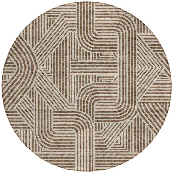 8' Brown And Beige Round Abstract Washable Indoor Outdoor Area Rug Photo 5