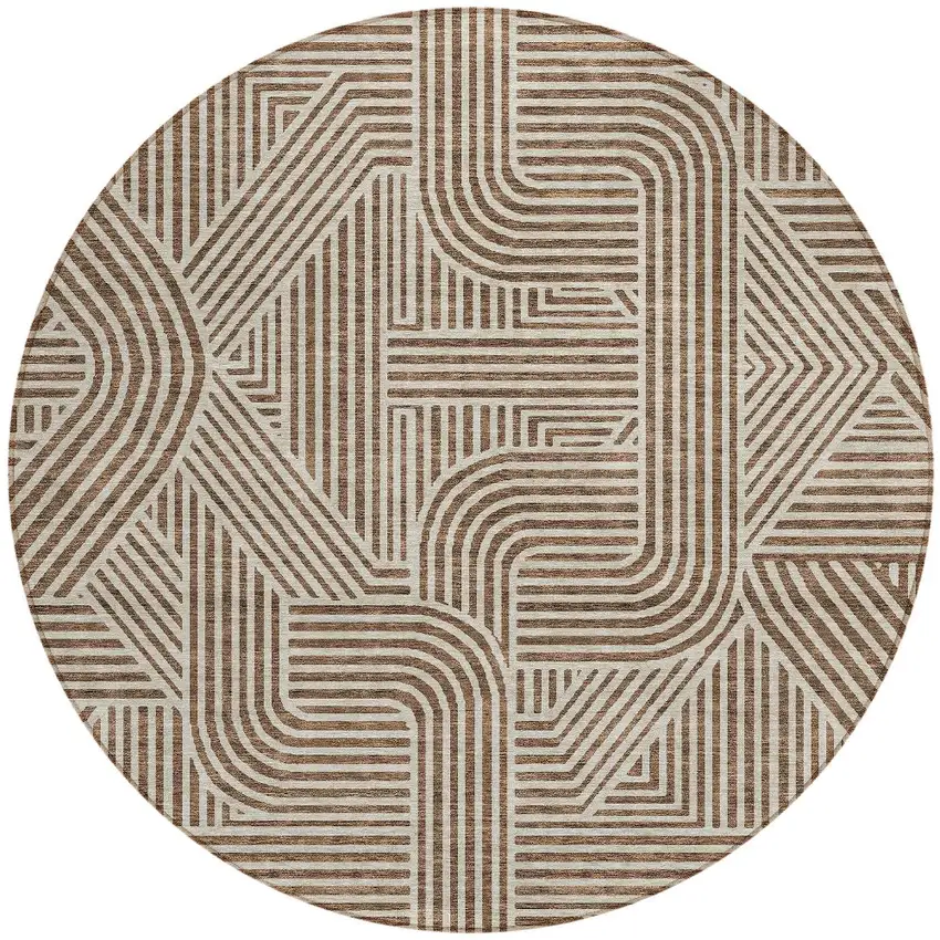 8' Brown And Beige Round Abstract Washable Indoor Outdoor Area Rug Photo 5