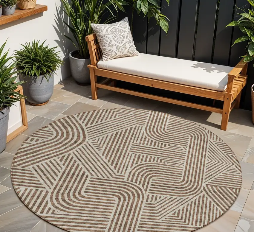 8' Brown And Beige Round Abstract Washable Indoor Outdoor Area Rug Photo 1