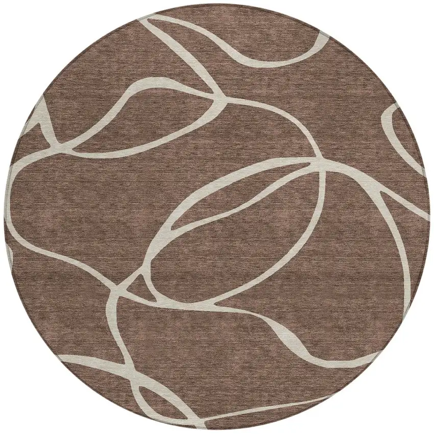 8' Brown And Beige Round Abstract Washable Indoor Outdoor Area Rug Photo 6