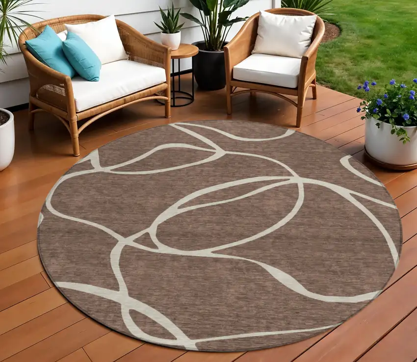 8' Brown And Beige Round Abstract Washable Indoor Outdoor Area Rug Photo 1