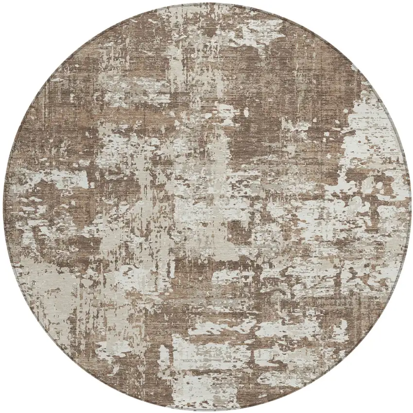 8' Brown And Beige Round Abstract Washable Indoor Outdoor Area Rug Photo 2