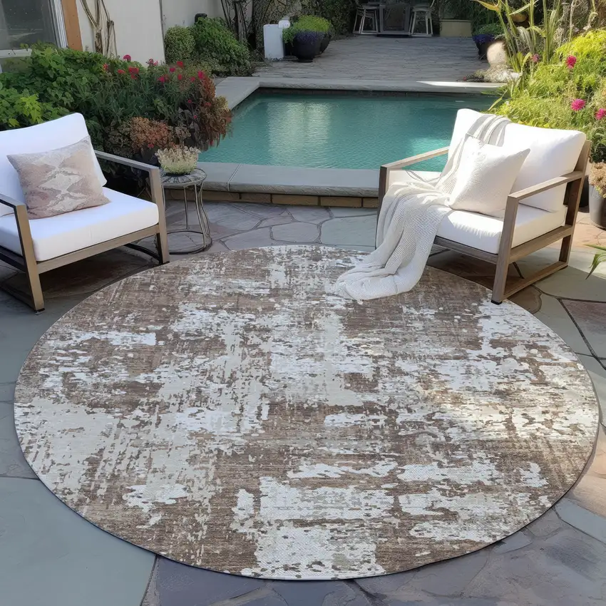8' Brown And Beige Round Abstract Washable Indoor Outdoor Area Rug Photo 6