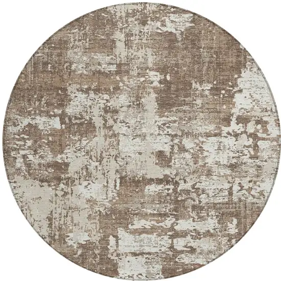 8' Brown And Beige Round Abstract Washable Indoor Outdoor Area Rug Photo 4