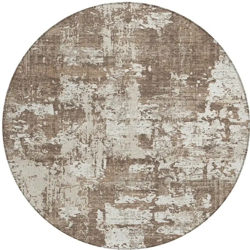 8' Brown And Beige Round Abstract Washable Indoor Outdoor Area Rug Photo 4