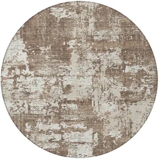 8' Brown And Beige Round Abstract Washable Indoor Outdoor Area Rug Photo 5