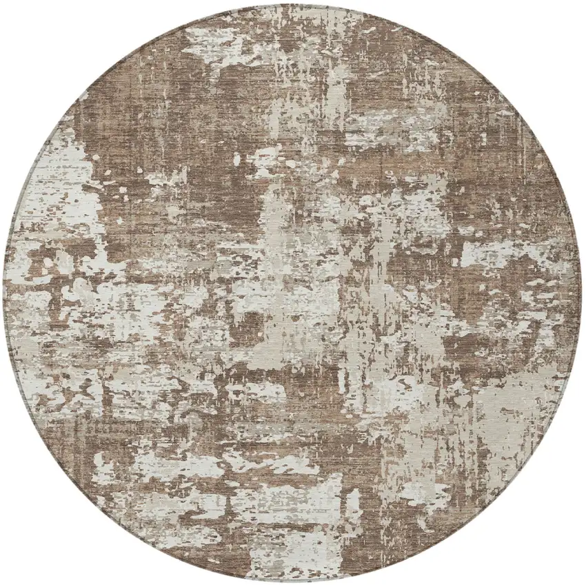8' Brown And Beige Round Abstract Washable Indoor Outdoor Area Rug Photo 5