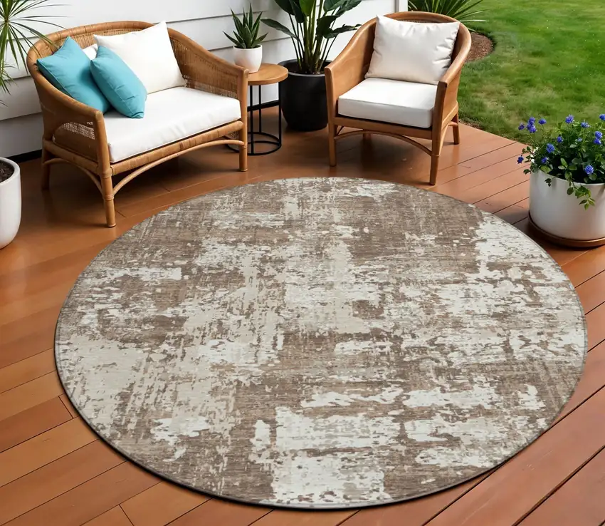 8' Brown And Beige Round Abstract Washable Indoor Outdoor Area Rug Photo 1