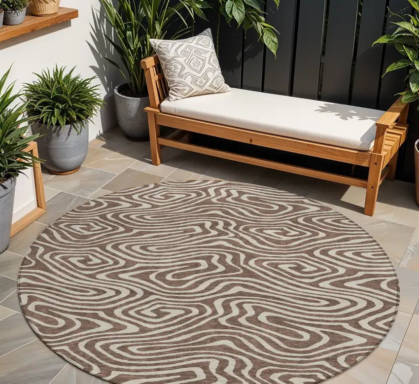 8' Brown And Beige Round Abstract Washable Indoor Outdoor Area Rug Photo 1