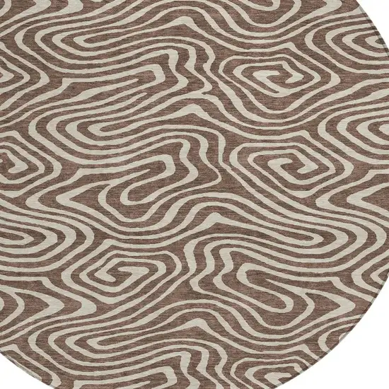 8' Brown And Beige Round Abstract Washable Indoor Outdoor Area Rug Photo 4