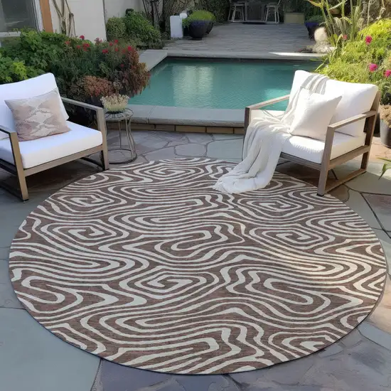 8' Brown And Beige Round Abstract Washable Indoor Outdoor Area Rug Photo 6