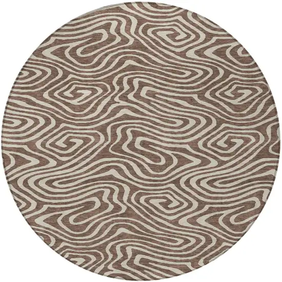 8' Brown And Beige Round Abstract Washable Indoor Outdoor Area Rug Photo 5
