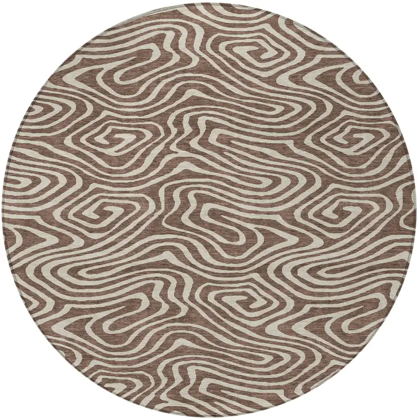 8' Brown And Beige Round Abstract Washable Indoor Outdoor Area Rug Photo 5