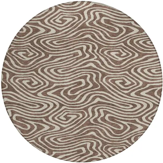 8' Brown And Beige Round Abstract Washable Indoor Outdoor Area Rug Photo 2