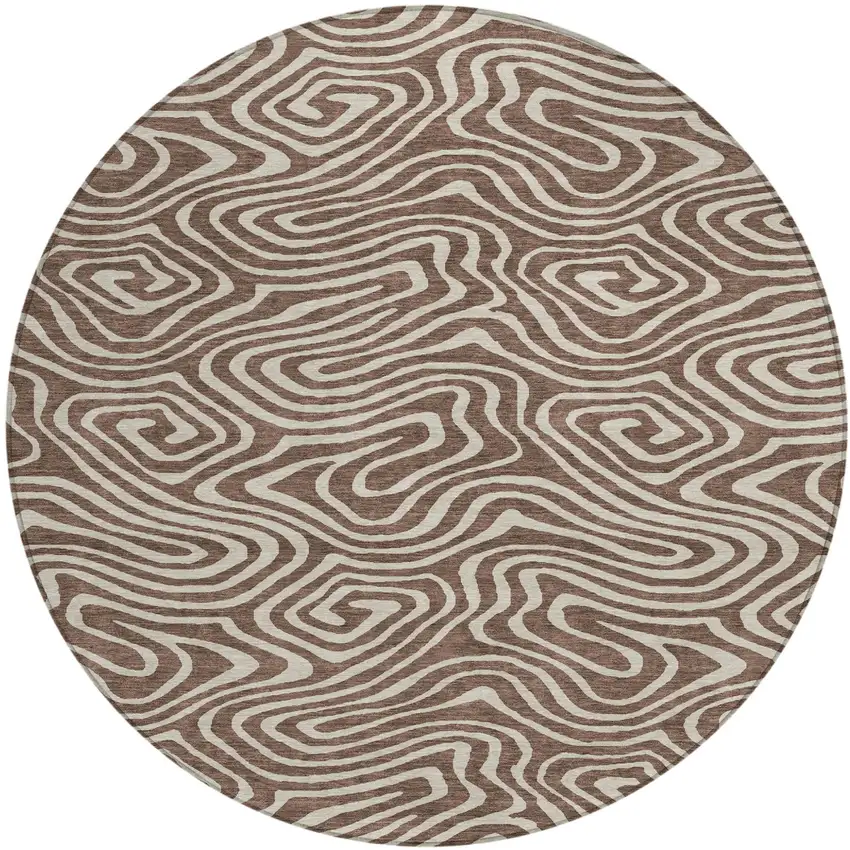 8' Brown And Beige Round Abstract Washable Indoor Outdoor Area Rug Photo 2