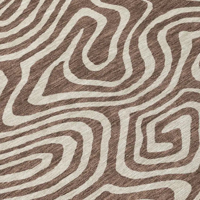 8' Brown And Beige Round Abstract Washable Indoor Outdoor Area Rug Photo 8