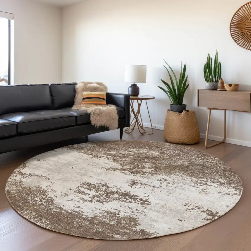 8' Brown And Beige Round Abstract Washable Indoor Outdoor Area Rug Photo 7