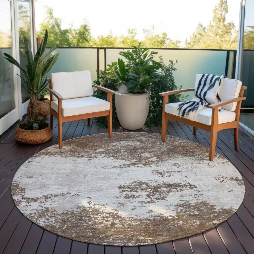 8' Brown And Beige Round Abstract Washable Indoor Outdoor Area Rug Photo 6