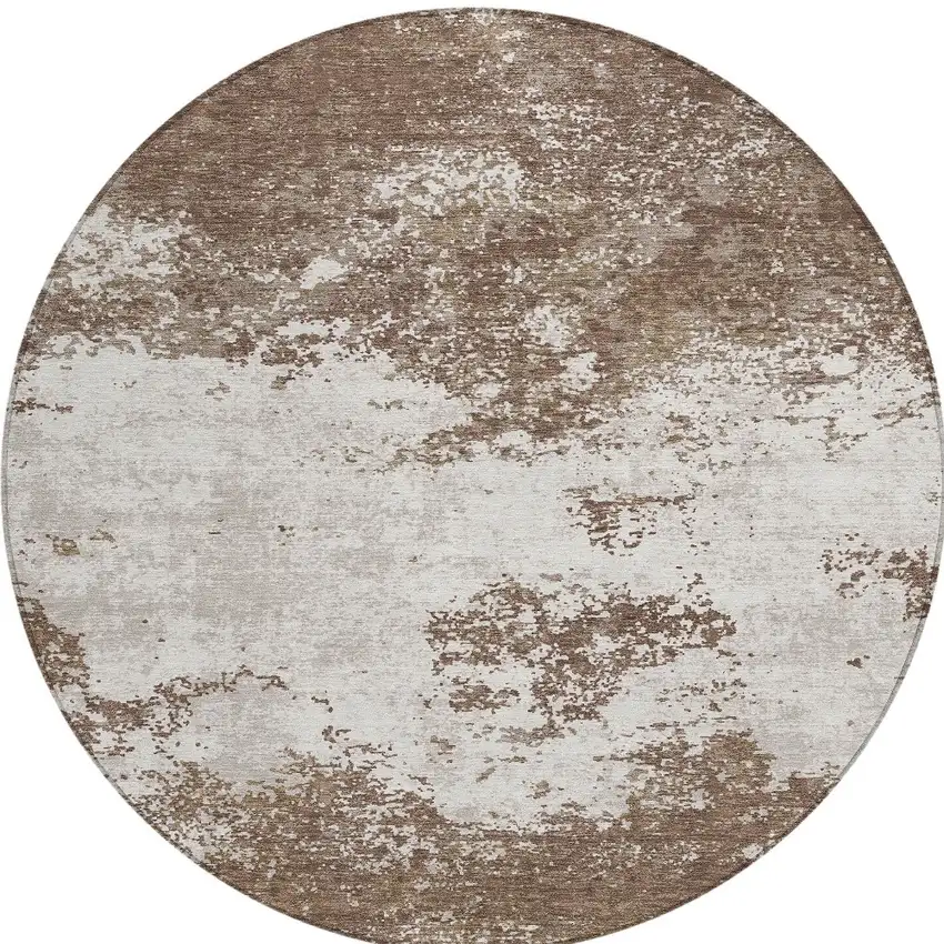 8' Brown And Beige Round Abstract Washable Indoor Outdoor Area Rug Photo 5