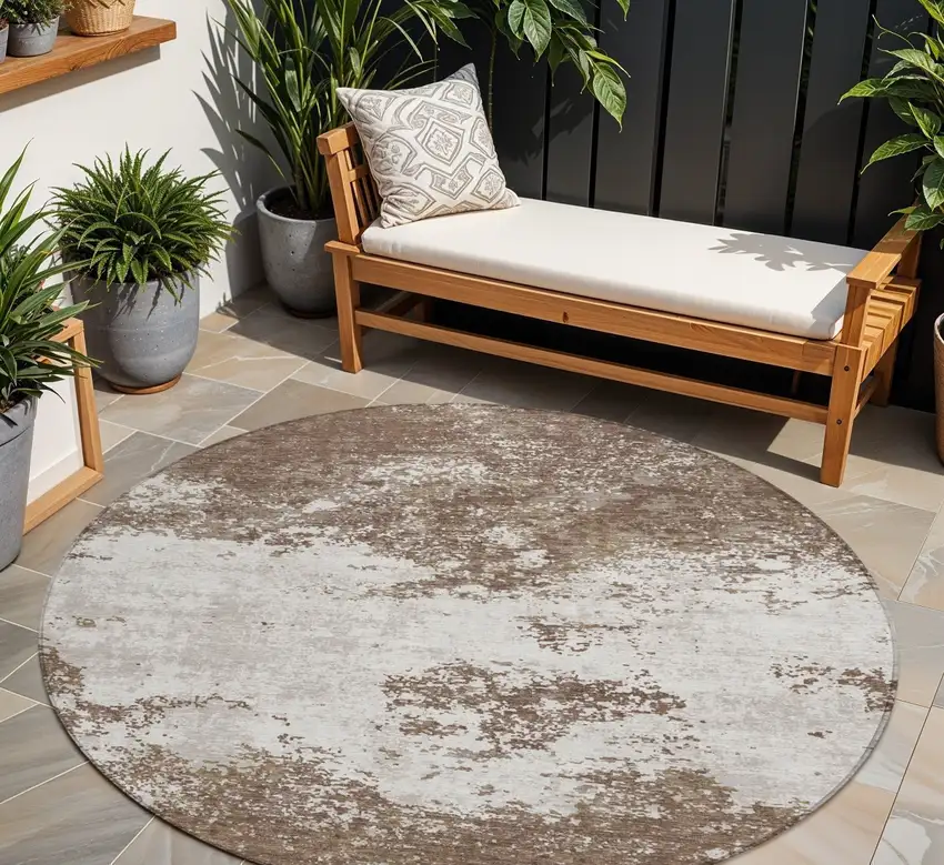 8' Brown And Beige Round Abstract Washable Indoor Outdoor Area Rug Photo 1