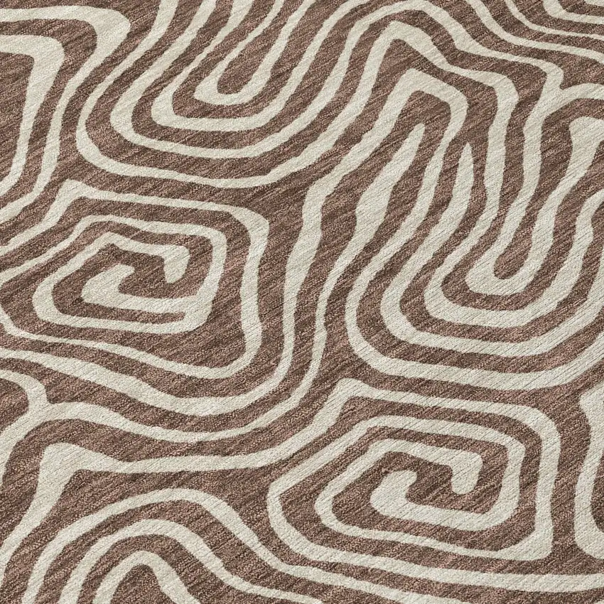 8' Brown And Beige Round Abstract Washable Indoor Outdoor Area Rug Photo 7
