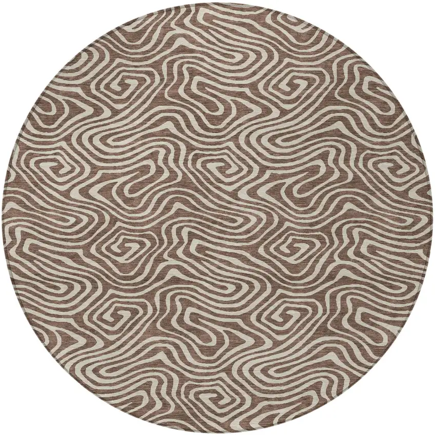 8' Brown And Beige Round Abstract Washable Indoor Outdoor Area Rug Photo 4