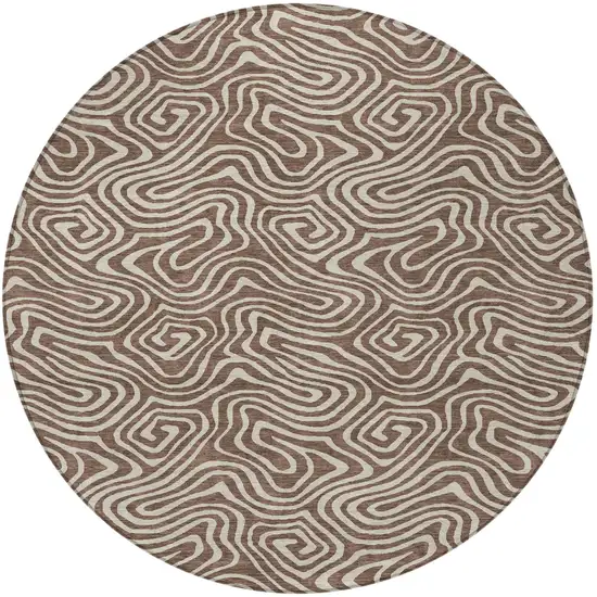 8' Brown And Beige Round Abstract Washable Indoor Outdoor Area Rug Photo 4