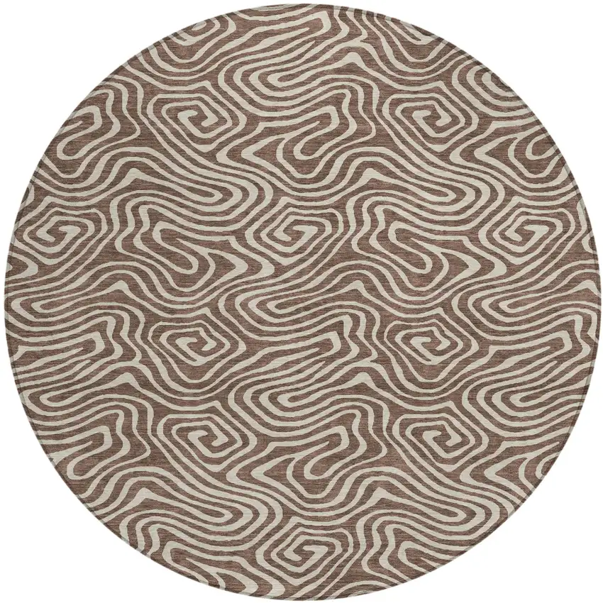 8' Brown And Beige Round Abstract Washable Indoor Outdoor Area Rug Photo 2