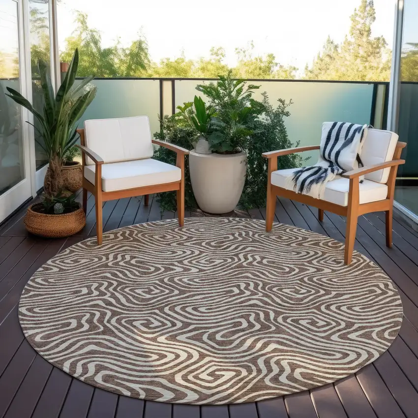 8' Brown And Beige Round Abstract Washable Indoor Outdoor Area Rug Photo 5