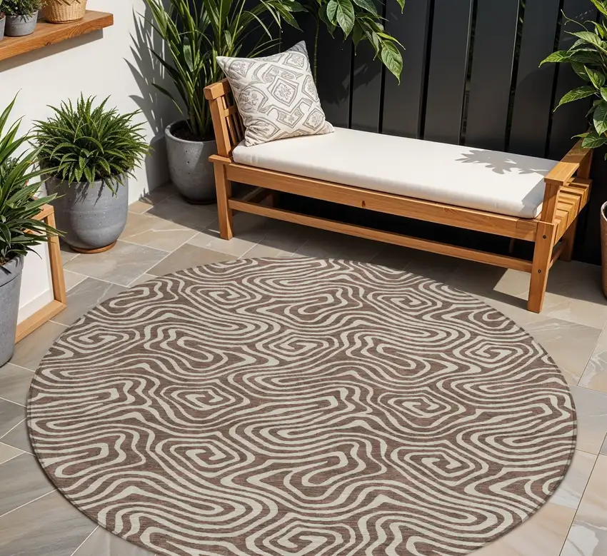 8' Brown And Beige Round Abstract Washable Indoor Outdoor Area Rug Photo 1