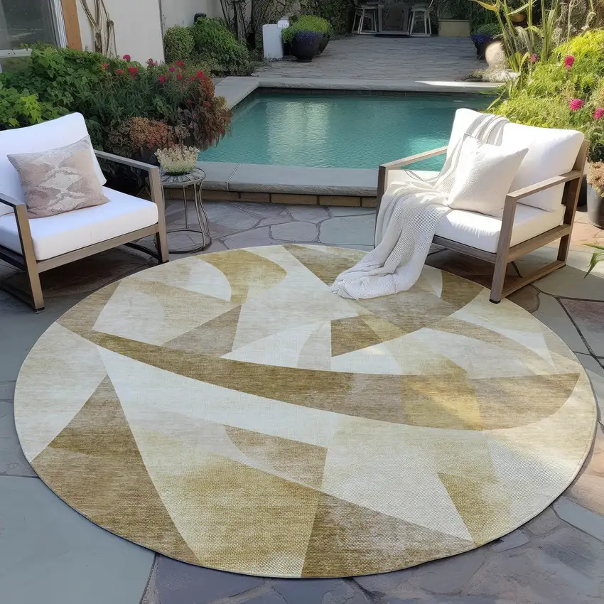 8' Brown And Beige Round Abstract Washable Indoor Outdoor Area Rug Photo 6
