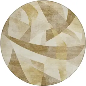 Photo of 8' Brown And Beige Round Abstract Washable Indoor Outdoor Area Rug