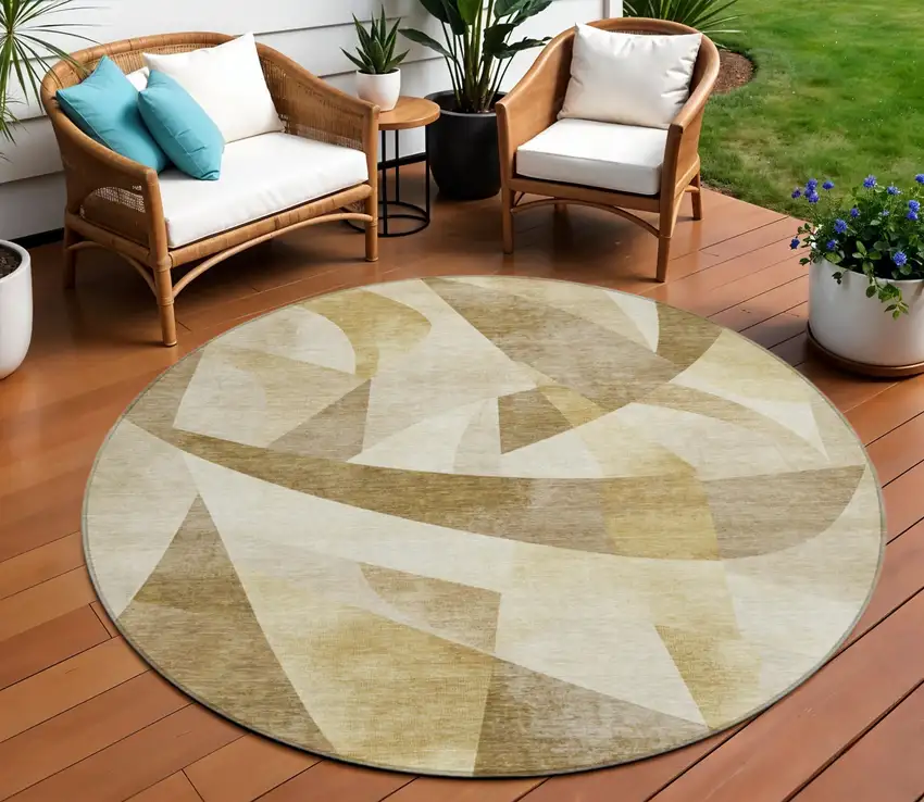 8' Brown And Beige Round Abstract Washable Indoor Outdoor Area Rug Photo 2